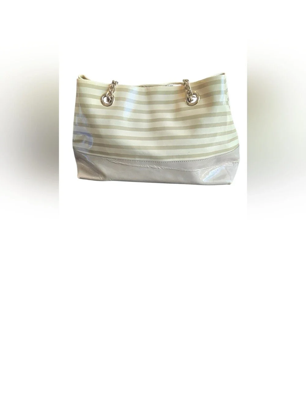 ​Kate Spade Striped Patent Leather Tote Chain Shoulder Bag Cream Beige